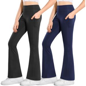 Stelle Girl’s Flare Leggings with Pockets High Waisted Bootcut Yoga Pants Kids Dance Bell Bottoms Leggings(Black/Navy)