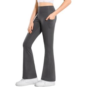 Stelle Girl’s Flare Leggings with Pockets High Waisted Bootcut Yoga Pants Kids Dance Bell Bottoms Leggings(Grey)