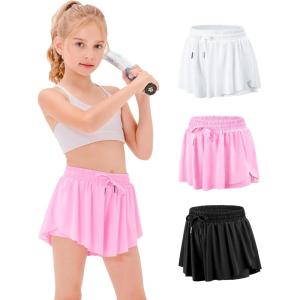 Stelle Girls Flowy Shorts with Pockets Athletic Running Skirt High Waist Butterfly 2 in 1 Sports Short 5-16 Years(Black+white+cotton Candy)