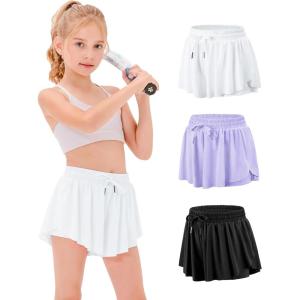 Stelle Girls Flowy Shorts with Pockets Athletic Running Skirt High Waist Butterfly 2 in 1 Sports Short 5-16 Years(Black+white+lavender)