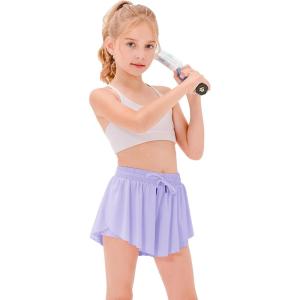 Stelle Girls Flowy Shorts with Pockets Athletic Running Skirt High Waist Butterfly 2 in 1 Sports Short 5-16 Years(Lavender)