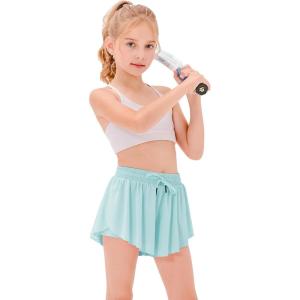 Stelle Girls Flowy Shorts with Pockets Athletic Running Skirt High Waist Butterfly 2 in 1 Sports Short 5-16 Years(Light Blue)