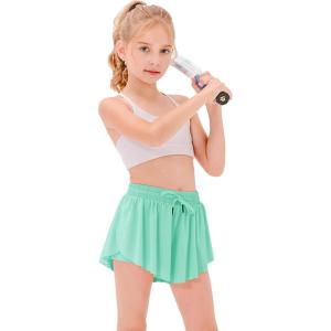 Stelle Girls Flowy Shorts with Pockets Athletic Running Skirt High Waist Butterfly 2 in 1 Sports Short 5-16 Years(Mint Green)