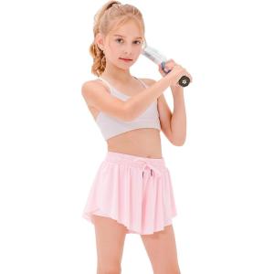 Stelle Girls Flowy Shorts with Pockets Athletic Running Skirt High Waist Butterfly 2 in 1 Sports Short 5-16 Years(Pink)