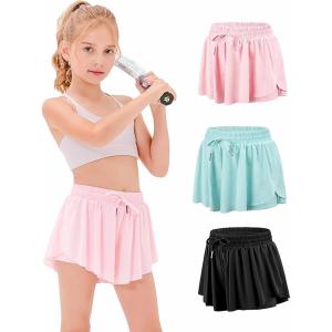 Stelle Girls Flowy Shorts with Pockets Athletic Running Skirt High Waist Butterfly 2 in 1 Sports Short 5-16 Years(Pink+light Blue+black)
