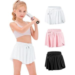 Stelle Girls Flowy Shorts with Pockets Athletic Running Skirt High Waist Butterfly 2 in 1 Sports Short 5-16 Years(White+pink+black)