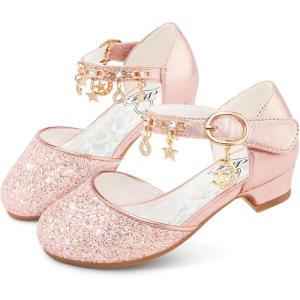 Stelle Girls High Heels Sequins Dress Sandals Princess Dress Shoes Flower Wedding Party Shoes(Pink)