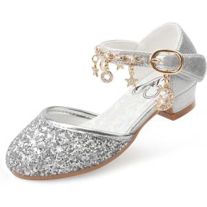 Stelle Girls High Heels Sequins Dress Sandals Princess Dress Shoes Flower Wedding Party Shoes(Silver)