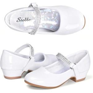 Stelle Girls Mary Jane Dress Shoes Low Heel Glitter Patent Bow Kids Party Wedding Flower Girl School Shoes(Toddler/Little/Big Kid)(Classic Patent-white)