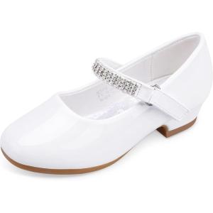 Stelle Girls Mary Jane Dress Shoes Low Heel Glitter Patent Bow Kids Party Wedding Flower Girl School Shoes(Toddler/Little/Big Kid)(Classic Patent-white(chain))