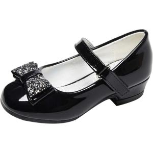 Stelle Girls Mary Jane Dress Shoes Low Heel Glitter Patent Bow Kids Party Wedding Flower Girl School Shoes(Toddler/Little/Big Kid)(Elegant Square Buckle-black)