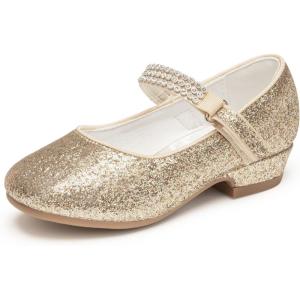 Stelle Girls Mary Jane Dress Shoes Low Heel Glitter Patent Bow Kids Party Wedding Flower Girl School Shoes(Toddler/Little/Big Kid)(Glitter Mary Jane-gold)