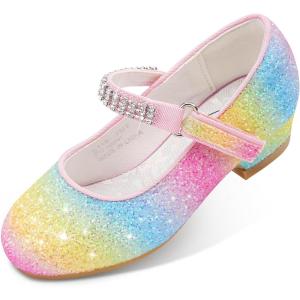 Stelle Girls Mary Jane Dress Shoes Low Heel Glitter Patent Bow Kids Party Wedding Flower Girl School Shoes(Toddler/Little/Big Kid)(Glitter Mary Jane-rainbow)