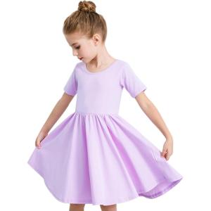 Stelle Girls Short Sleeve Dress Summer Kids Toddler Skater Twirl A Line Solid Color T-Shirt Dress for School Casual 3-12 Y(A02-lavender (Without Pocket))
