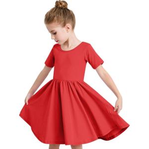 Stelle Girls Short Sleeve Dress Summer Kids Toddler Skater Twirl A Line Solid Color T-Shirt Dress for School Casual 3-12 Y(A02-red (Without Pocket))