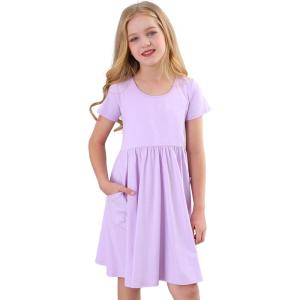 Stelle Girls Short Sleeve Dress Summer Kids Toddler Skater Twirl A Line Solid Color T-Shirt Dress for School Casual 3-12 Y(A19-lavender (With Pocket))