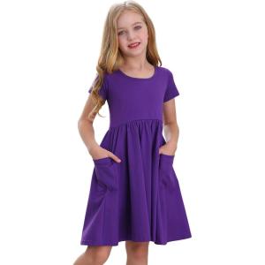 Stelle Girls Short Sleeve Dress Summer Kids Toddler Skater Twirl A Line Solid Color T-Shirt Dress for School Casual 3-12 Y(A19-purple (With Pocket))