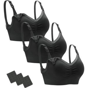 Stelle Lace Nursing Bras for Breastfeeding Seamless Pregnancy Maternity Wireless Bralette with Pads, Extenders(3 Pack Black)