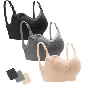 Stelle Lace Nursing Bras for Breastfeeding Seamless Pregnancy Maternity Wireless Bralette with Pads, Extenders(3 Pack Black+gray+beige)