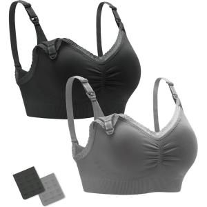 Stelle Lace Nursing Bras for Breastfeeding Seamless Pregnancy Maternity Wireless Bralette with Pads, Extenders(Black+gray)