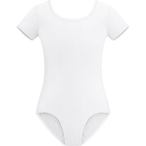 Stelle Leotards for Girls Ballet Scoop Neck Short Sleeve Leotard Gymnastics Dance Unitards(White)