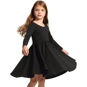 Stelle Long Sleeve Girls Dress Toddler White Dresses Skater Twirl Cotton A-Line Dress for School Casual(Black)