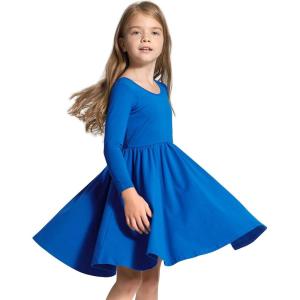 Stelle Long Sleeve Girls Dress Toddler White Dresses Skater Twirl Cotton A-Line Dress for School Casual(Blue)
