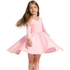 Stelle Long Sleeve Girls Dress Toddler White Dresses Skater Twirl Cotton A-Line Dress for School Casual(Pink)