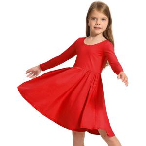 Stelle Long Sleeve Girls Dress Toddler White Dresses Skater Twirl Cotton A-Line Dress for School Casual(Red)