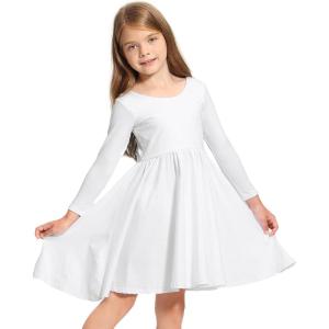 Stelle Long Sleeve Girls Dress Toddler White Dresses Skater Twirl Cotton A-Line Dress for School Casual(White)