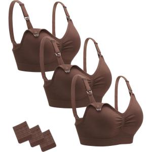Stelle Nursing Bras Maternity Bra for Breastfeeding Pregnancy Wireless Bralette with Pads, Extenders & Clips(3 Pack Cocoa)