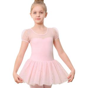 Stelle Puff Sleeve Ballet Leotards for Girls with Sparkly Tutu Skirted Toddler Dance Dress Outfit(01-puff Sleeve-ballet Pink)