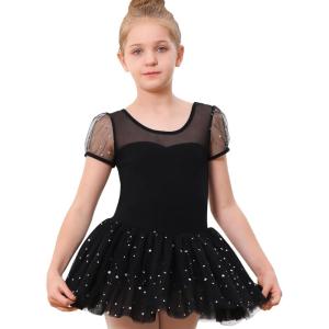 Stelle Puff Sleeve Ballet Leotards for Girls with Sparkly Tutu Skirted Toddler Dance Dress Outfit(01-puff Sleeve-black)