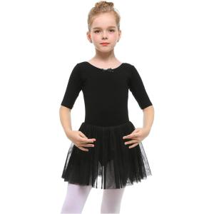 Stelle Puff Sleeve Ballet Leotards for Girls with Sparkly Tutu Skirted Toddler Dance Dress Outfit(03-short Sleeve-black)