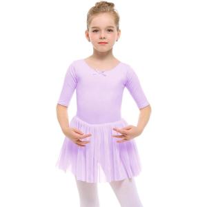Stelle Puff Sleeve Ballet Leotards for Girls with Sparkly Tutu Skirted Toddler Dance Dress Outfit(03-short Sleeve-lavender)