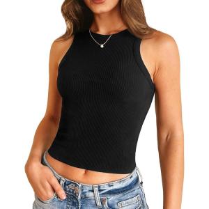 Stelle Ribbed Tank Tops for Women High Neck Sleeveless Cami Stretch Slim Top Casual Workout Basic Tshirt(Black)