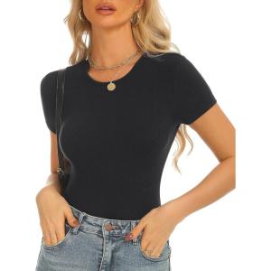 Stelle Ribbed Tops for Women Short Sleeve Tshirt Slim Fit Basic Tee Casual Blouse(Black)