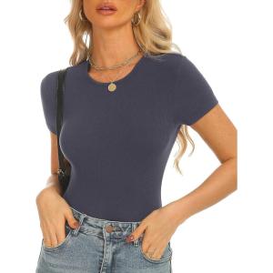 Stelle Ribbed Tops for Women Short Sleeve Tshirt Slim Fit Basic Tee Casual Blouse(Charcoal)