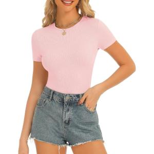 Stelle Ribbed Tops for Women Short Sleeve Tshirt Slim Fit Basic Tee Casual Blouse(Cherry Blossom)