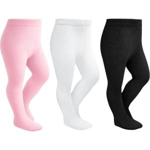 Stelle Toddler Girls Tights Baby Cable Knit Thick Stockings Cotton Winter Warm Leggings Pantyhose 1/2/3 Pack(Black+white+pink)