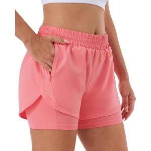 Stelle Women 2 in 1 Running Shorts High Waisted Athletic Shorts Gym Workout Shorts with Liner Zipper Pockets(Coral)