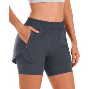 Stelle Women 2 in 1 Running Shorts High Waisted Athletic Shorts Gym Workout Shorts with Liner Zipper Pockets(Grey)