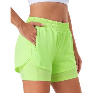 Stelle Women 2 in 1 Running Shorts High Waisted Athletic Shorts Gym Workout Shorts with Liner Zipper Pockets(Neon Yellow)