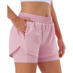 Stelle Women 2 in 1 Running Shorts High Waisted Athletic Shorts Gym Workout Shorts with Liner Zipper Pockets(Pink)