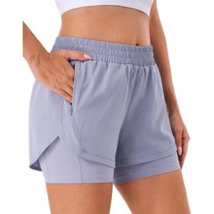 Stelle Women 2 in 1 Running Shorts High Waisted Athletic Shorts Gym Workout Shorts with Liner Zipper Pockets(Purple Haze)
