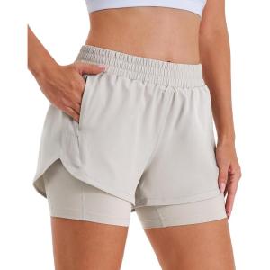Stelle Women 2 in 1 Running Shorts High Waisted Athletic Shorts Gym Workout Shorts with Liner Zipper Pockets(Sandy Grey)