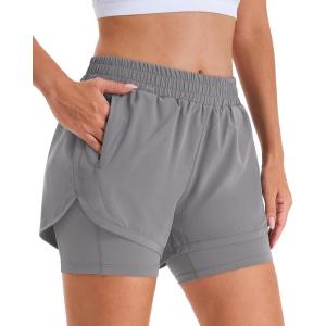 Stelle Women 2 in 1 Running Shorts High Waisted Athletic Shorts Gym Workout Shorts with Liner Zipper Pockets(Smoke Grey)