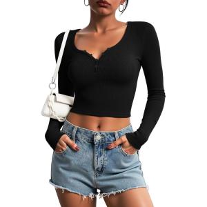 Stelle Women Henley Long Sleeve Crop Tops Ribbed Knit Button Slim Fitted Tops Casual Basic T Shirts(Black)