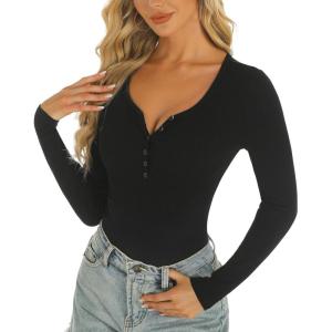 Stelle Women Henley Long Sleeve Crop Tops Ribbed Knit Button Slim Fitted Tops Casual Basic T Shirts(Black-2)