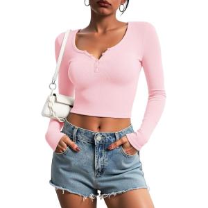 Stelle Women Henley Long Sleeve Crop Tops Ribbed Knit Button Slim Fitted Tops Casual Basic T Shirts(Cherry Blossom)